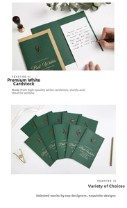 Detail of vintage green greeting card with elegant metal charms and gold foil accents