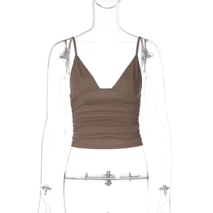 Detail of a brown ribbed crop camisole with sexy V-neck and ruched texture on mannequin