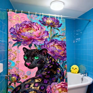 3D-Duschvorhang mit Ölgemälde-Design von schwarzem Panther in Purpur und Gold