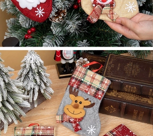 Detail of Christmas stocking ornaments with 3D Santa, Snowman and Reindeer characters