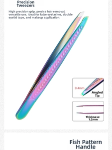 Detail of rainbow stainless steel eyebrow tweezers with 0.4mm tip and fish scale grip