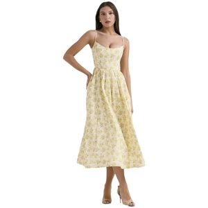 Floral spaghetti strap midi dress in pale yellow with a high waist and open back design