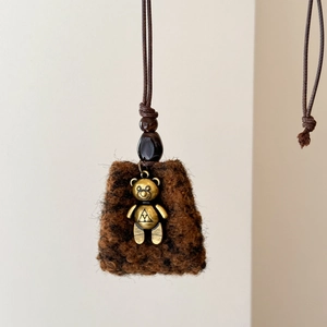 Retro trapezoid plush pendant necklace with vintage bronze bear charm on brown cord
