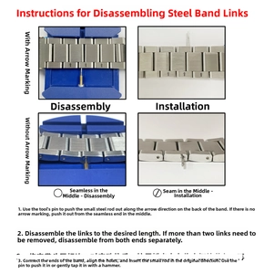 Watch band removal kit showing steel strap adjustment with blue link remover tool