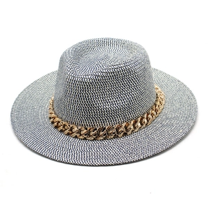 Blue and white woven Panama hat with stylish chunky gold chain band for sun protection