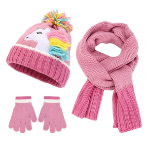 Kinder Mädchen Strickmütze Schal Und Handschuhe Rosa Einhorn Stickerei Acryl Warm Winter Outdoor Bommel Quaste