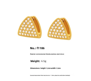 Detailed view of gold triangular zircon hoop earrings with dimensions and material specs