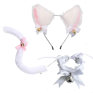 Detail view of pink and white plush cat ears headband with lace collar and fluffy faux fur tail