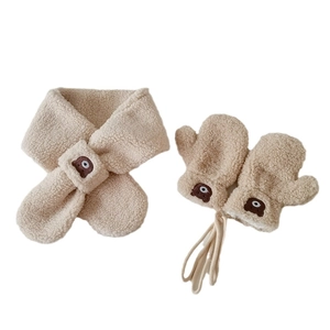 Winter khaki fleece scarf and gloves set for kids with cute bear embroidery detail