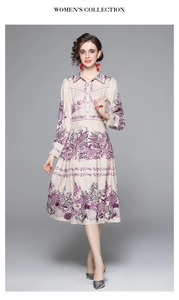 Detail of waist-slimming cut and vintage floral print on beige long-sleeve midi dress