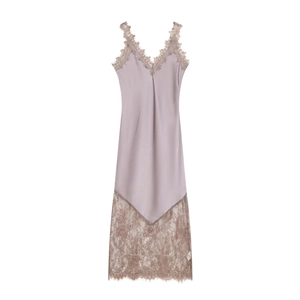 Dusty pink satin slip dress with deep V-neck lace trim and hemline in a vertical flat lay