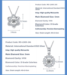 Detailed specs of S925 silver necklaces with 5mm Moissanite D color VVS1 stone pendants