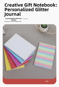 Close-up of glitter finish notebook covers in vibrant colors like purple and teal