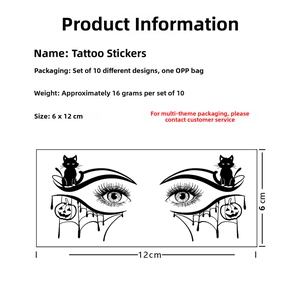 Detailed view of Halloween eye tattoos featuring spiders and cats with 6x12cm dimensions