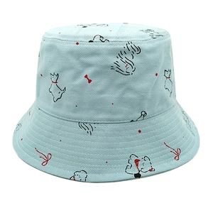 Light blue denim bucket hat for women with cute puppy prints and red bone details