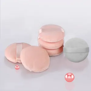 Set of 9cm ultra soft round plush powder puffs with satin ribbon handle in pink and grey