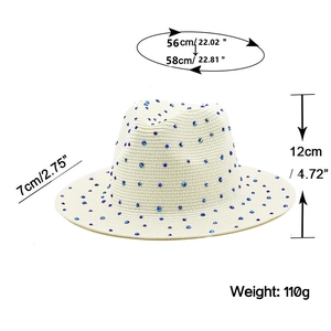 Beige wide brim straw jazz hat with blue rhinestones and detailed size measurements