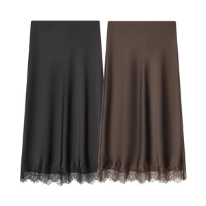 Women Elegant Satin Midi Skirt With Lace Trim Hem High Waist Glossy A-Line Bottoms For Casual Daily Party Chic Clothing
