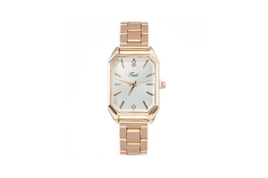 Detailed close-up of a rose gold square dial women's watch with small diamond accents