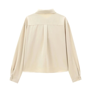 Women's minimalist beige long sleeve twill shirt with lapel collar and back pleat detail
