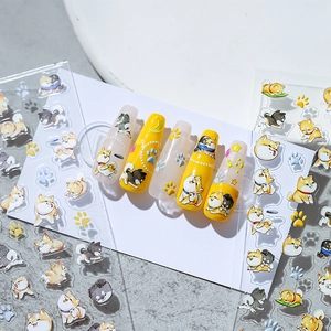 3D Embossed Shiba Inu Dog Nail Art Stickers Cute Cartoon Shiba Inu Paw Print Star Self Adhesive Nail Decals For Women Kids Manicure Decoration