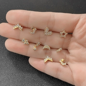10-piece gold 18k plated heart moon crown star stud earring set with zircons