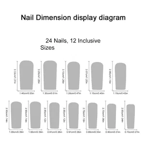Sizing chart for 24 reusable long French press-on nails with bow and pearl decorations
