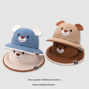 Cartoon bear sun hats for children in blue, white, khaki, and brown cotton canvas fabric
