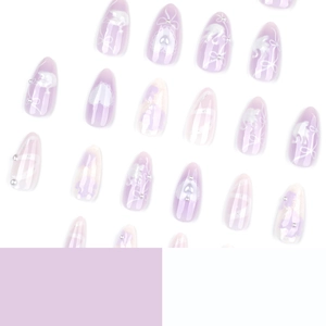 Short almond luxury 3D swan press-on nails with lavender base, hearts and pearls