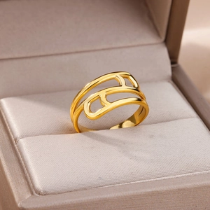 Detail shot of a minimalist 18k gold plated stainless steel hollow geometric ring