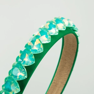 Green Baroque headband with sparkling heart-shaped crystals and emerald satin fabric