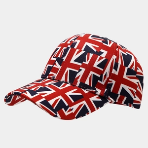 Close-up of a Union Jack digital print on a six-panel adjustable baseball cap