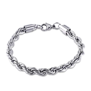 Detailed close-up of a silver twisted rope chain bracelet with a secure lobster clasp