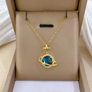 Collana Con Pendente Pianeta Acciaio Al Titanio Rame Micro Intarsiato Zircone Stella Luna Globo Blu Gioielli Eleganti Donne