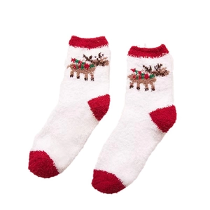 Thick coral fleece Christmas socks featuring red and white contrast with reindeer motif