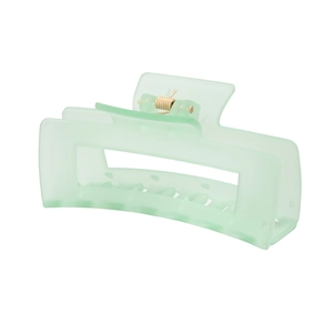 Detail of a 10.5cm matte light green rectangular hair claw clip with a hollow design