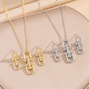 18K Gold Plated Copper Zircon Necklace And Earrings Horseshoe U-Link Design Elegant Fashion Jewelry For Women