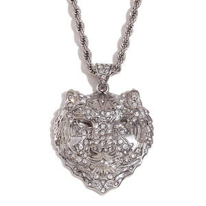 Silver tiger head pendant necklace with rhinestones and twist chain for men