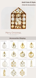 Detail of 46-piece gold Christmas ornament set with glitter, matte and hand-painted finishes
