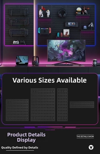 Macro view of black modular pegboard showing various sizes for gaming wall storage