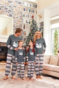 Family matching Christmas pajamas with snowman print and Nordic style snowflake pattern pants