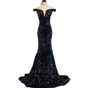 Sparkling off-the-shoulder sequin mermaid evening gown with deep V-neck and starry night effect