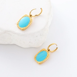 Huggie Hoop Earrings 304 Stainless Steel Gold Plated Turquoise Rectangle Hammered Vintage Style For Women