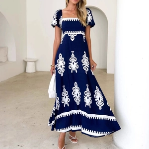 Abito Maxi Bohemien Da Donna Scollo Quadrato Maniche A Sbuffo Vita Alta Linea Ad A Stampato Vacanza Spiaggia Estate Poliestere