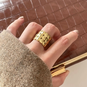 925 Sterling Silver Ring Woven Checkered Pattern Irregular Open Adjustable Minimalist Fashion Jewelry