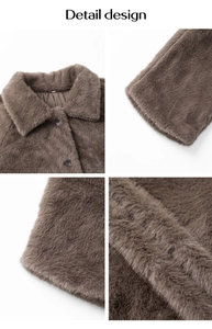 Detail design showing brown faux fur texture with collar, buttons and sleeve cuffs
