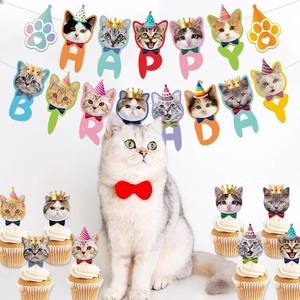 Cat themed birthday party decoration set with happy birthday banner and cupcake toppers