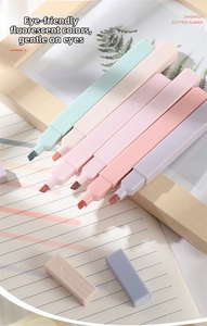 Detailed view of 6 pastel chisel-tip highlighters on a notebook with soft shadows