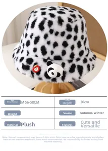 Detailed size chart for the plush cow print bucket hat with cute panda decoration