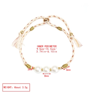 Detail showing white shell pearl woven bracelet with adjustable 9.5cm-15.5cm inner circumference